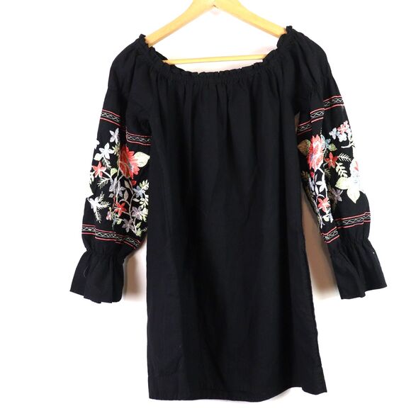 Free People Black Fleur Du Jour Embroidered Off Shoulder Mini Dress S - Picture 4 of 8